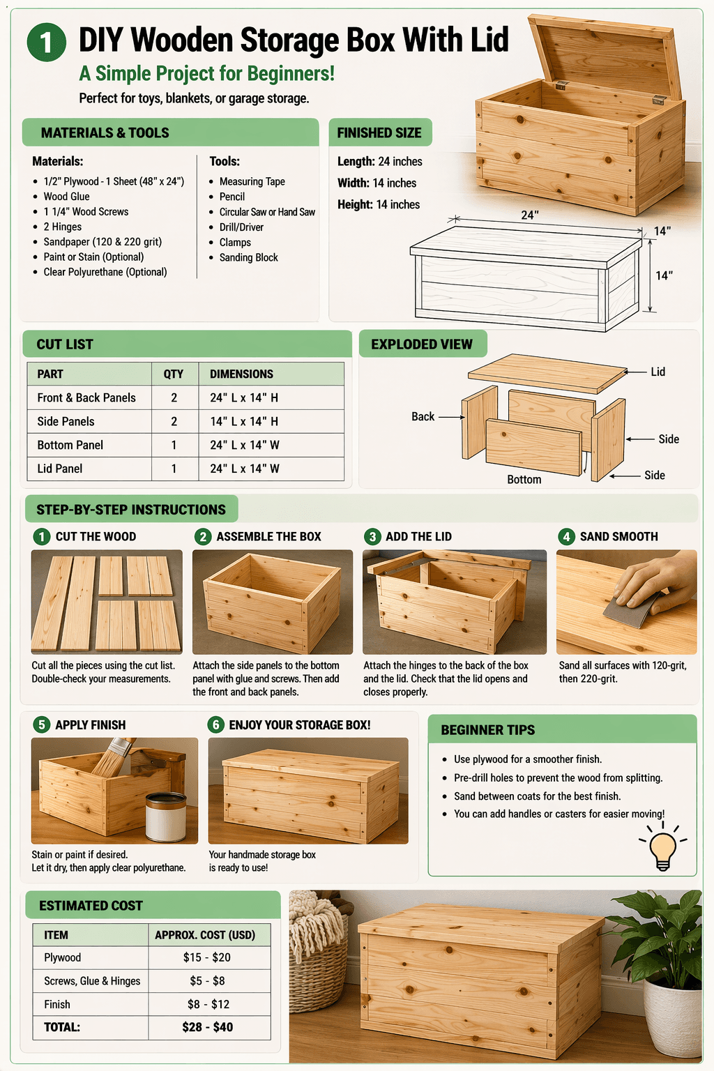 DIY wooden storage box with lid easy woodworking plan