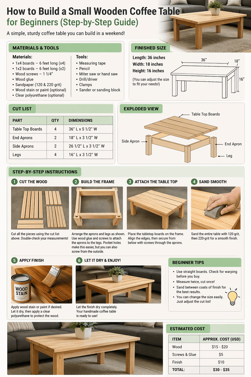 Wooden coffee table step by step easy DIY woodworking plan